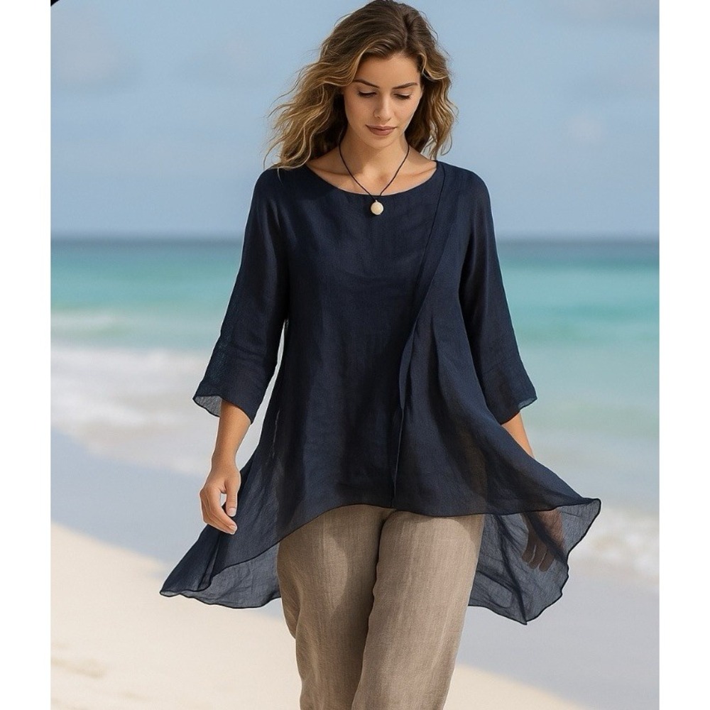 EMMELLE Designer Luxurious Crepe Linen Silk Asymmetrical Tunic Top Blouse M